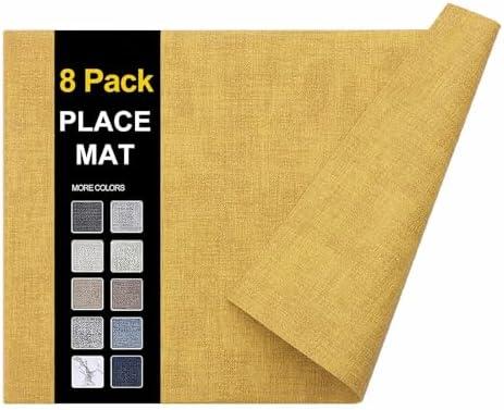 homing Faux Leather Heat Resistant Placemats 8 Packs, Waterproof Wipeable Dining PU Place Mats for Indoor & Outdoor, Easy to Clean, Yellow