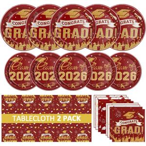 Graduation Party Plates Napkins and 2026, Class of 2026 Congrats Grad Party Supplies 9'' and 7'' Maroon Disposable Paper Plates Tablecloth for Graduation Party Decor,Serve 50