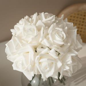 Artificial Roses Single Stem 10pcs Fake Silk Flower Arrangement Bouquet Real Touch for Home Party Wedding Decoration(White) (White(not Include Vase))