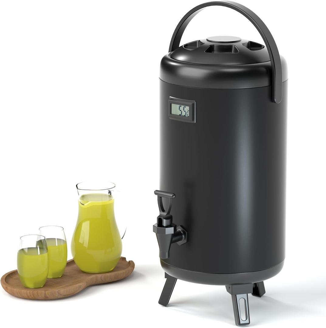 12L/3.2Gal Insulated Beverage Dispenser, Thermal Hot and Cold Beverage Drink Dispenser for Hot Tea, Coffee, Cold Milk, Water, Juice, Stainless Steel Dispenser, LCD Temperature Display