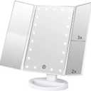 Trifold Makeup Mirror Vanity Mirror with Lights,1X 2X 3X Magnification,Touch Screen,180 Adjustable Rotation,Portable Travel Bathroom Cosmetic Mirror (White)