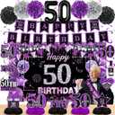 Purple 50th Birthday Decorations Kit for Women Men Purple Black 50th Birthday Banner 50th Birthday Balloons Honeycomb Centerpiece Swirls Paper Pompoms Sash for Purple 50th Birthday Party Supplies