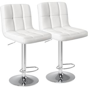DUMOS Bar Stools Set of 2, Armless Adjustable Swivel Barstools, PU Leather Hydraulic Kitchen Counter Height Bar Stools, Thickened Seat Cushion Square Island Barstools with Back, White