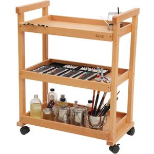 DJAR Rolling Art Supplies Cart, Solid Beech Wood Art Supply Organizert with Caster Wheels, Utility Cart for Adults, Artists, (Natural, Basic)