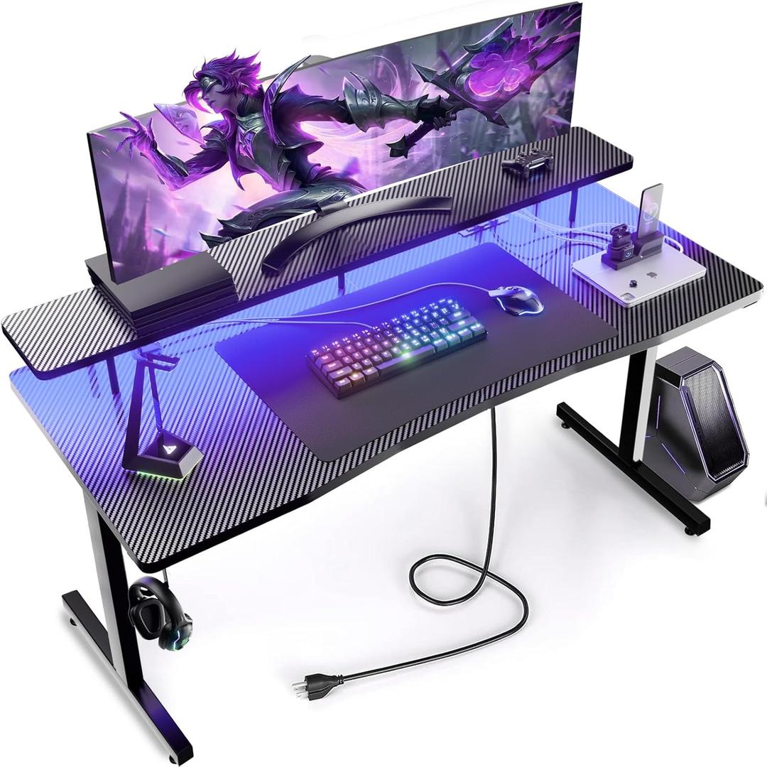 GTPLAYER 55 Inch Gaming Desk, Computer Gamer Desk with Monitor Stand, Ergonomic Carbon Fiber Surface Gaming Table with Power Outlet and Mouse Pad for Home Office, Black