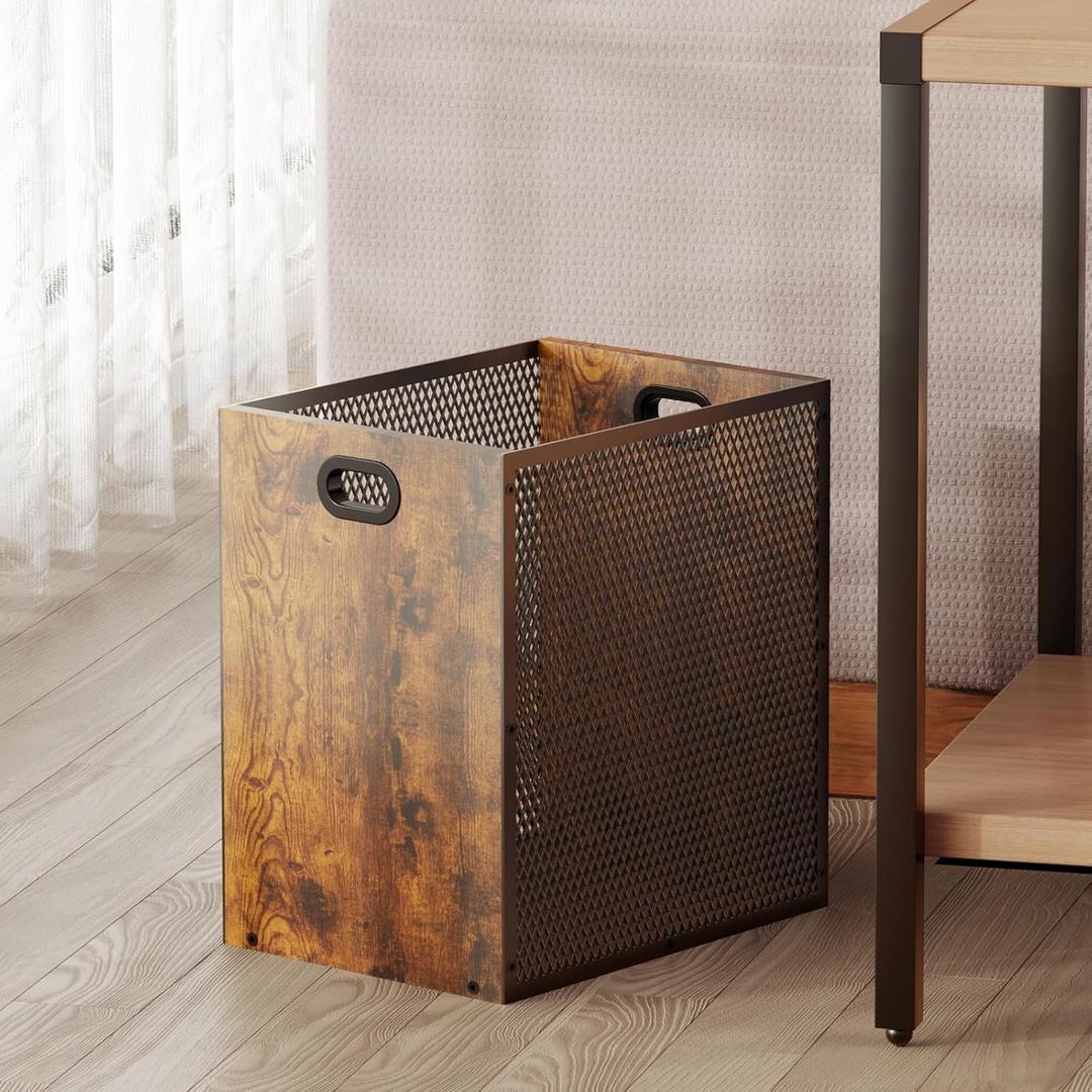 Huxitocan Retro Office Can, Iron and Wood Combination Bedroom Garbage Can, Rectangular Design Wastebasket with Handle, Industrial Style Can for Home Office, 4.5 Gallon (Patent Pending) (Large 1PC)