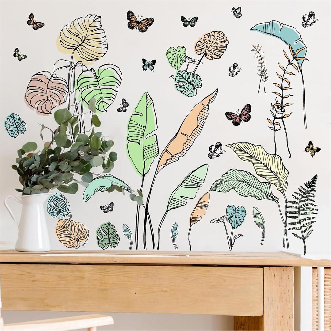 Palm Leaves Wall Decals Boho Tropical Leaves Wall Sticker Removable Green Plant Leaf Walls Decal Peel and Stick Tropical Leave Butterflies Vinyl Art Mural for Bedroom Living Room TV Background Decor