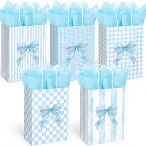 Engrowtic 25 Pcs Blue Bow Gift Bags with Handles Bow Themed Goodie Kraft Paper Bags Coquette Party Favors for Wedding Bridal Shower Baby Shower Birthday Party Supplies