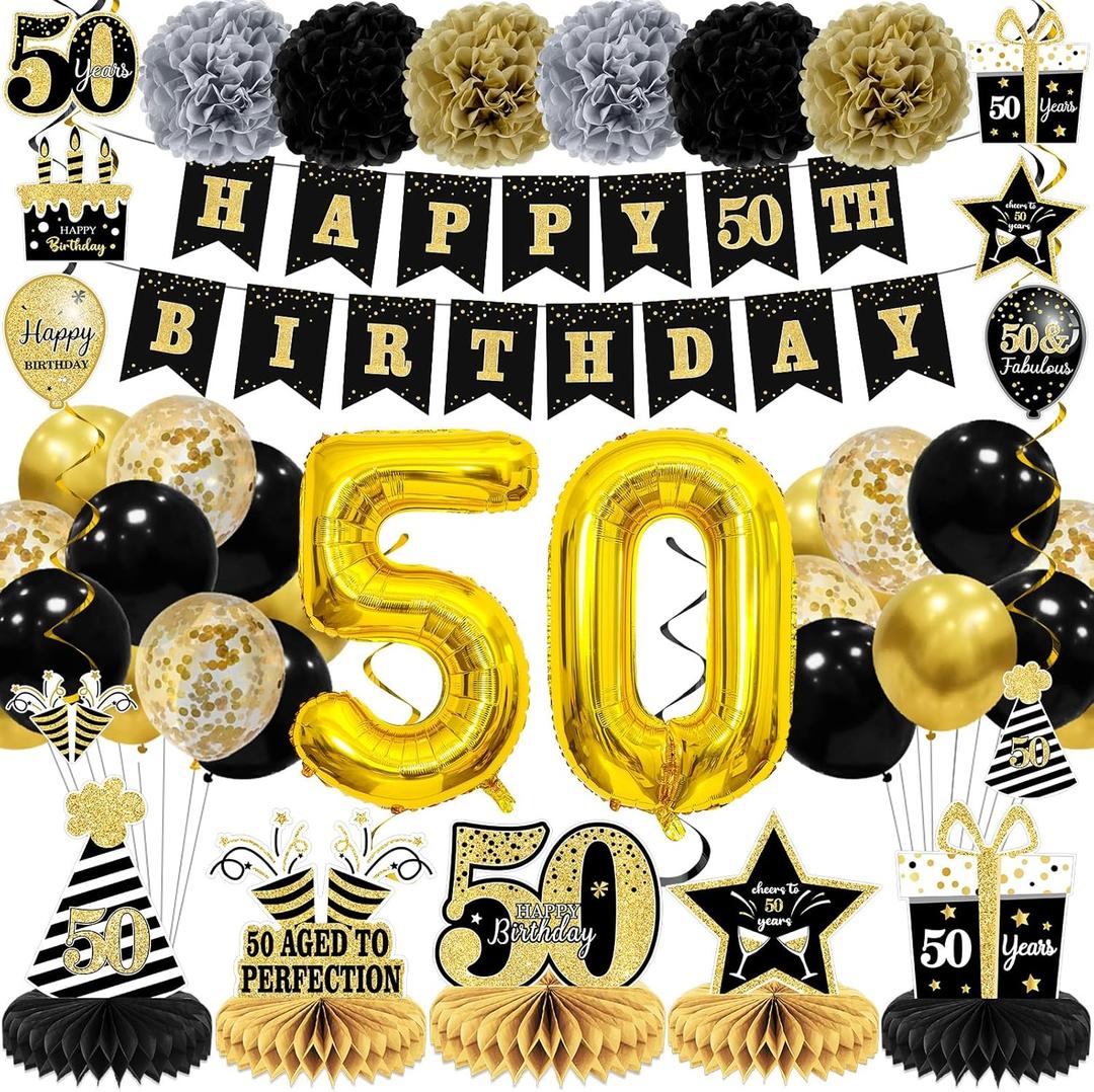 50th Birthday Party Decorations Honeycomb Centerpiece Kit for Men Women Happy 50th Birthday Black Gold Banner Balloons 50 Year Old Hanging Swirl Party Supplies Table Topper Decor