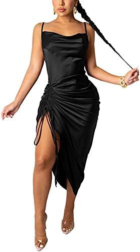 Women's Spaghetti Strap Satin Dress Sexy Backless Drawstring Ruched Split Hem Cocktail Evening Party 2 XL, Black 