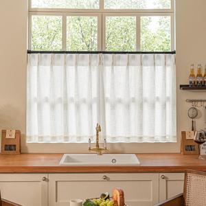Cream Ivory Linen Pleated Curtains 30 Inch Length Light Filtering Semi Sheer Mini Curtains for Small Window Basement Bathroom Pinch Pleat Boho Farmhouse Short Kitchen Drapes Laundry Room RV 40x30