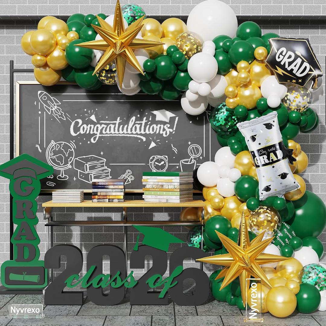 Class of 2026 Graduation Balloon Garland Arch Kit | 139Pcs Green Gold White Congrats Balloons, Graduation Backdrop Decorations for Party, Graduation Ceremony Celebration
