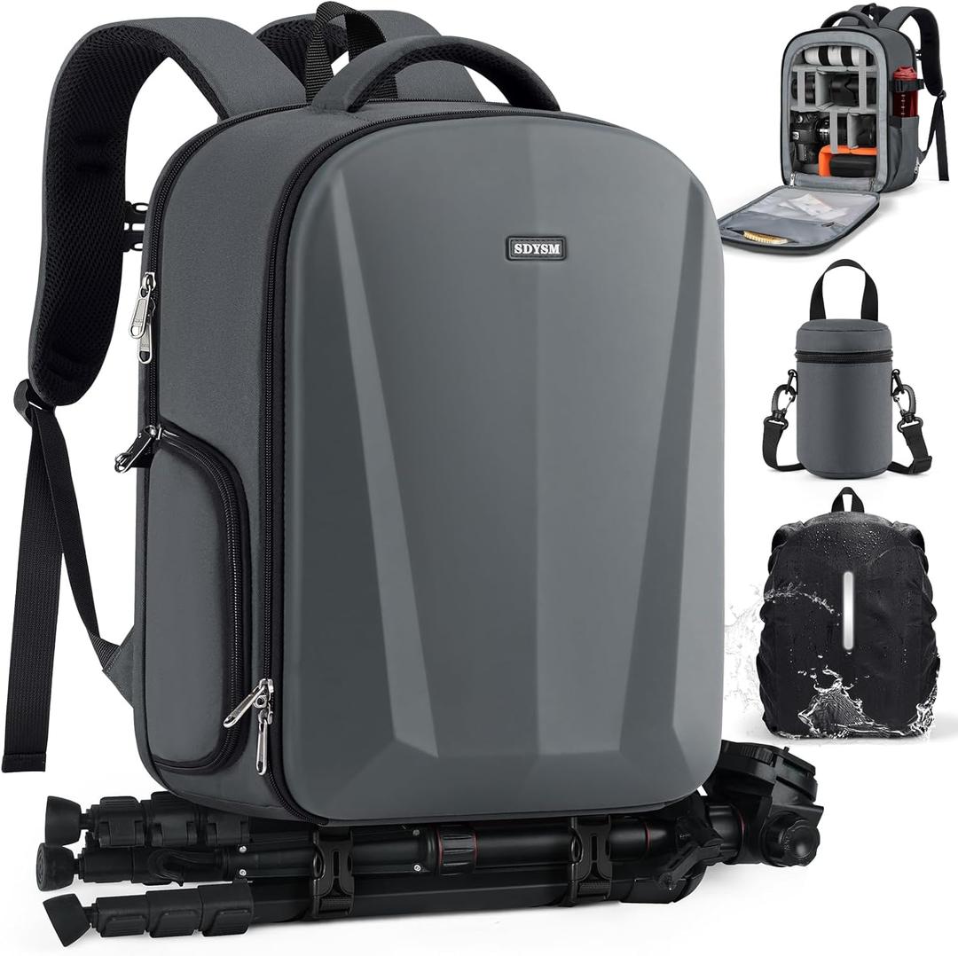 SDYSM Camera Backpack, Hardshell DSLR/SLR Camera Bag with Lens Pouch & 15.6" Laptop Compartment Waterproof Camera Case with Rain Cover Photography Backpack Compatible for Canon/Nikon/Sony/Drone,Gray (Grey)