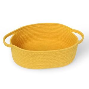 MEGASKET Yellow Woven Basket, 13" x 9" x 5" Baskets for Gifts Empty, Cute Cotton Rope Cat Dog Toy Bin Box, Small Woven Bin for Organizing, Yellow Room Decor, Nursery Cloth Diaper Storage Organizer