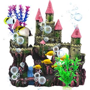 Aquarium Castle Decorations, Resin Castle for Fish Tank with Randomly Color Plants Decor Accessories for Freshwater and Saltwater Fish Tanks (Pink)