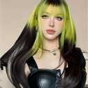 Womens Black to Green Long Straight Wig with Bangs Ombre Green Synthetic Natural Hair Wig for Daily Cosplay Halloween Use