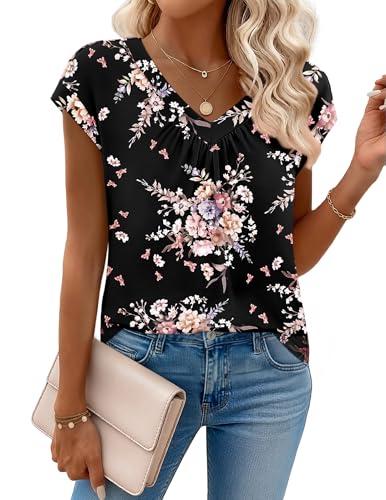 Zeagoo Casual Tops for Women Summer Short Sleeve V Neck Tshirts Shirts for Women Floral Print Business Casual Work Clothes, Size S