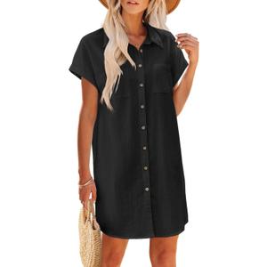 Zeagoo Summer Dresses for Women 2026 Cotton Button Down Short Sleeve Tshirt Dresses Casual Mini Beach Dress Classic Black, Medium