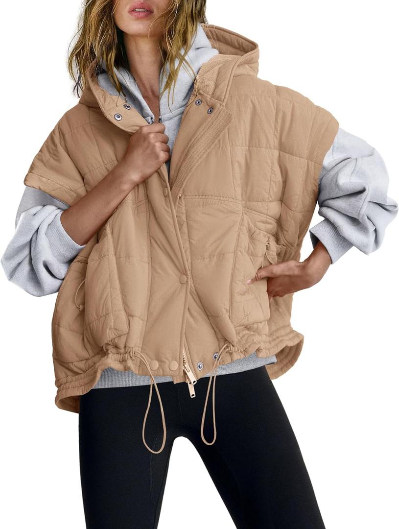 Nirovien Womens Oversized Puffer Vest Sleeveless Quilted Jackets Button Zip Up Hoodie Poncho Coats with Pockets (Large, Light Coffee Brown)