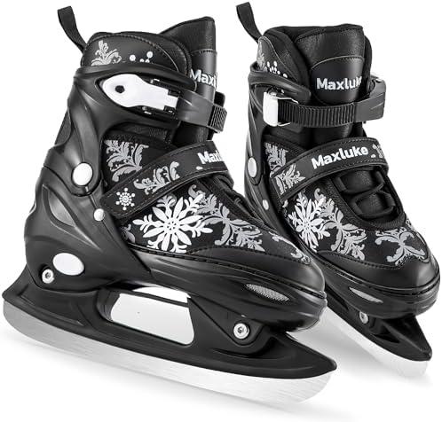 Maxluke Snowflake Girl's Adjustable Ice Skates | Kids Ice Hockey Skates for Girls Boys Youth | Fun Beginner Ice Skating Shoes for Outdoor and Rink | Soft Comfortable Lining L Black