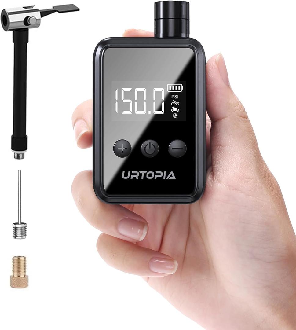 URTOPIA Mini Bike Tire Pump, Fast Inflate Bicycle Pump with Gauge, Rechargeable 150PSI Portable Electric Bike Air Pump with Presta and Schrader Valve for Road Bike, Ebike, Motorcycle, Ball (Black)