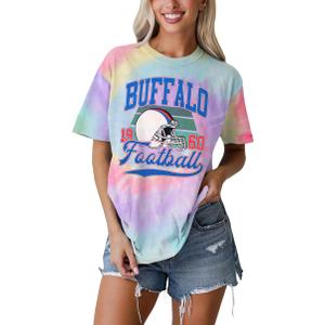 IZYJOY Football Shirt for Women Tie Dye Football Team Fans T-Shirt Vintage Game Day Tee Sports Short Sleeve Top (Small, Pink Yellow-100)