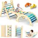 BlueWood Pikler Triangle Set 7in1 Foldable Baby Climbing Toys Wooden Montessori Climbing Set with Arch&Ramp&Ladder Baby Climber Indoor Jungle Gyms for Toddlers Montessori Toys - Sky Blue