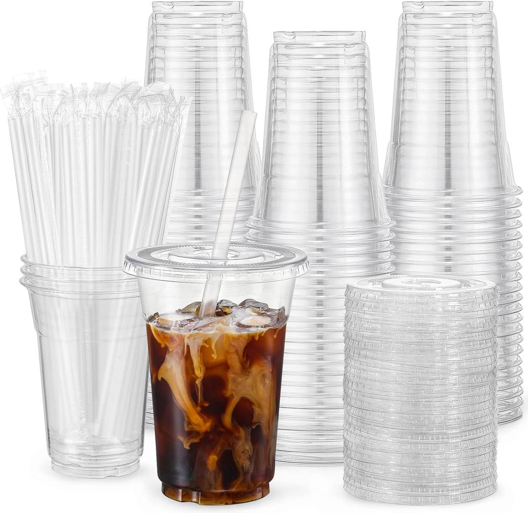 VITEVER [100 Sets - 16oz] Clear Plastic Cups with Lids and Straws, Disposable Iced Coffee Cups for Smoothie, Milkshake, Cold Drinks - BPA free