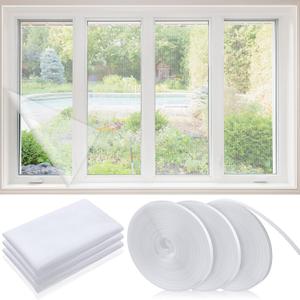 SmoothNovelty 3 Pcs 75 x 79 Inch Cuttable DIY Self Adhesive Window Screen Kit Invisible Screen Mesh with Adhesive Straps Reusable Mesh for Patio Summer Window Air Filtration Keep Form Pollen Bugs