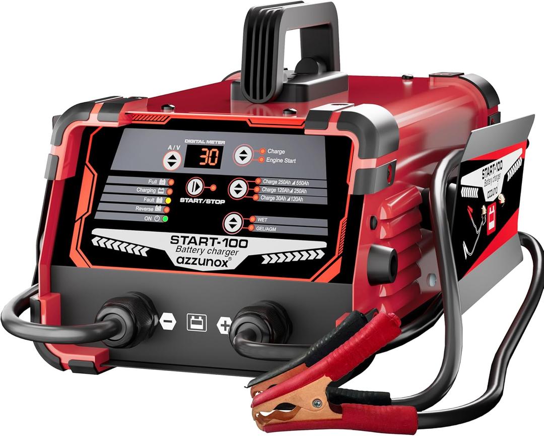 AZZUNOX 12V 24V Car Battery Charger & Engine Starter, 0-30A Automatic Battery Maintainer, 130 Cranking Amps, Jump Starter & Smart Trickle Charger, for Standard, AGM, Gel & Deep-Cycle Batteries