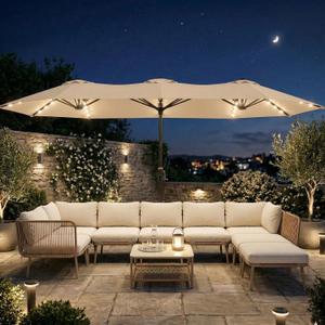 15FT Large Outdoor Patio Umbrella with Solar Lights and Base, Double-Sided Table Umbrellas with 48 LED Lights, Rectangle Market Umbrella for Pool, Deck, Backyard