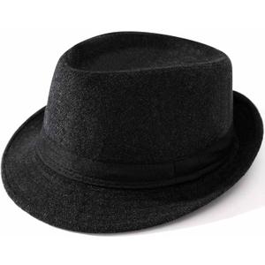 Jnxuoq Short Brim Fedora Hat for Women & Men Classic Bowler and Gangster Style Wide Brim Felt Hats Vintage Black Top Hat (Black)