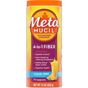 Metamucil 4-in-1 Daily Fiber Supplement Powder, Psyllium Husk Powder for Digestive Health, Sugar-Free, Orange, Naturally Sourced Psyllium Husk Powder, 72 teaspoons