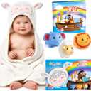 Noah's Ark Baptism Gifts, 7-Piece Christening Gift Set with Hygienic Sealed Bath Toys, Soft Hooded Lamb Towel, Storybook & Washcloth for Newborn Dedication, Baby Shower & Religious Gift