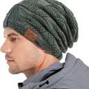 2 x PAGE ONE Mens Winter Slouchy Beanie Warm Fleece Lined Skull Cap Baggy Cable Knit Hat (Green)