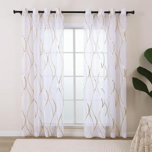 L.Z.E Gold White Sheer Curtains 84 Inches Long 2 Panels Set for Living Room Bedroom See Through Sheer Curtains & Drapes Grommet Top Transparent Sheers with Wave Patterns (54" W x 84" L)