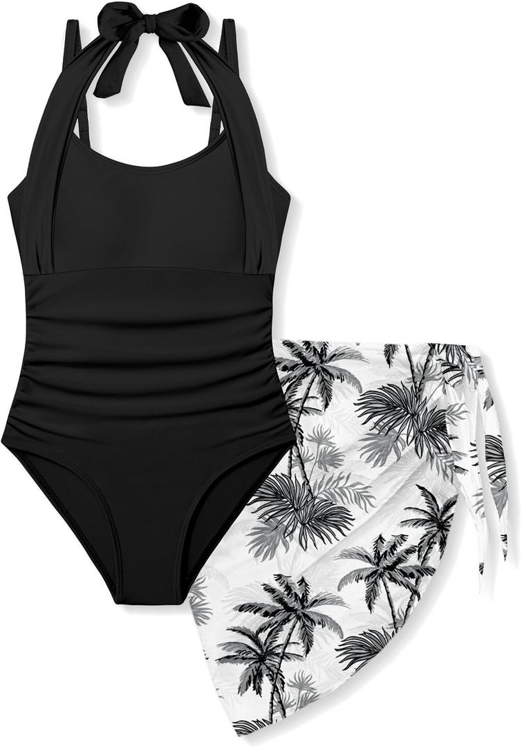 Girls Swimsuit Halter Neck One Piece Bathing Suit with Tropical Printed Cover Up Skirt Girls' Swimwear Set 7-18Y (Black)