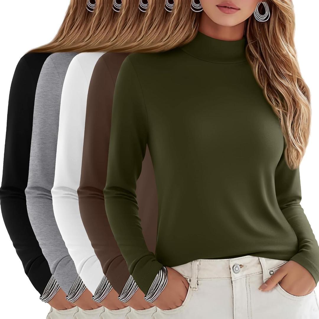 5 Pack Women's Cotton Mock Turtleneck Long Sleeve T-Shirts, Basic Tops Slim Fitted Stretch Underwear Layer Tee (XX-Large, Army Green, Mocha, White, Light Gray, Black)