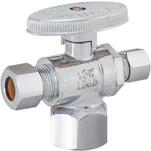 Eastman 3/8 Inch OD Compression x 1/4 Inch OD Compression x 1/2 Inch FIP Quarter Turn Dual Outlet Three Way Stop Valve, Chrome, 48655LF (Silver)