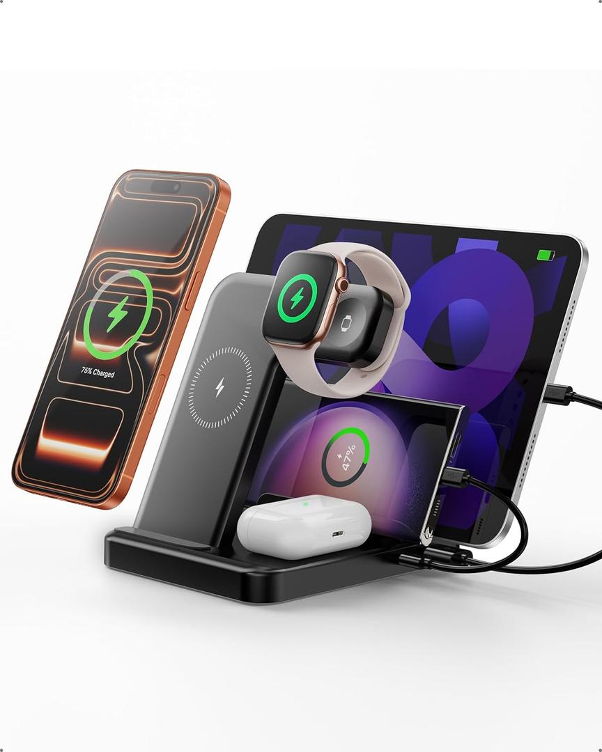 Intoval 5-in-1 Charging Station, for iPhones 17/17 Pro/17 Pro Max and Androids, iPad Pro/Air/Mini, Apple Watch 11/Ultra 3/Ultra 2/Ultra/10/9/8/7/SE, Wireless Charging Dock for Multiple Devices (Black)