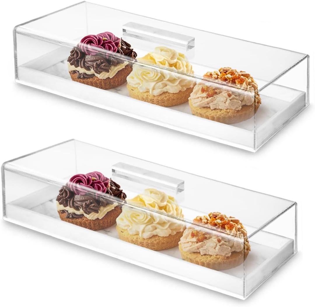 2PCS Acrylic Rectangular Serving Tray with Lid - Grey Black Marbleized Grain Cake Holder, Cake Stand Display Set for Cheese, Chips, Fruit Platter