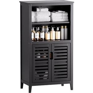 HITNET Black Bathroom Storage Cabinet, Freestanding Bamboo Floor Cabinet 5 Tier Tall Kitchen Cupboard with Door and Removable Shelves, Large