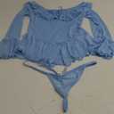 OYOANGLE Women's 2 Piece Off Shoulder Long Sleeve Ruffle Mesh Sheer Nightgowns with Thongs Babydoll Lingerie Set (Large, Light Blue)