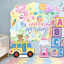 Girls Birthday Party Decorations, 4PCS Rainbow ABC Boxes with Colorful Preppy Birthday Backdrop and Balloon Garland for Baby Shower, Preschool Theme Party