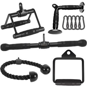 Cable Attachments for Home Gym, Made of Heavy Duty Solid Steel, LAT Pulldown Attachment, Weight Machine Accessories, Straight Pull Down Bar, Tricep Rope, Exercise & Double D Handle