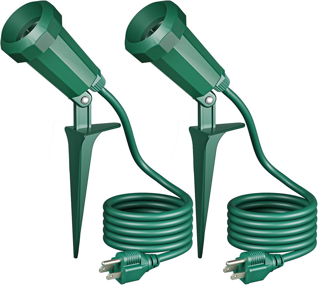 EDISHINE 120V Spotlights Outdoor, 6FT Cord, Weatherproof Plug in LED Flood Stake Lights, E26 150W PAR38 Bulb, 120 Adjustable Landscape Light Socket for Holiday, Patio, UL Listed, 2 Pack (Green)