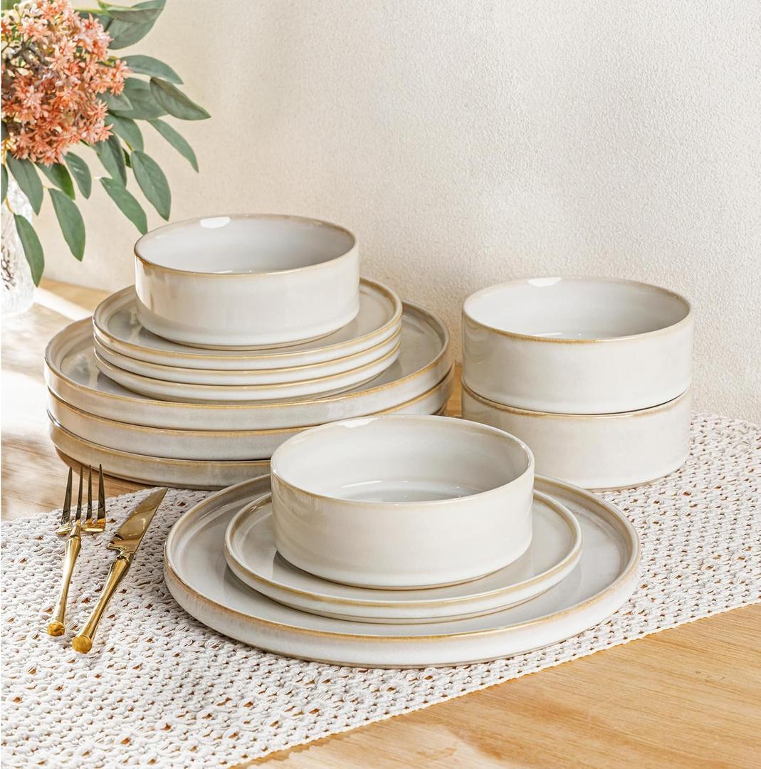 AmorArc Ceramic Dinnerware Sets, Handmade Reactive Glaze Stoneware Plates and Bowls Sets,Highly Chip and Crack Resistant | Dishwasher & Microwave Safe Dishes Set, Service for 4 (12pc) (Vanilla White)