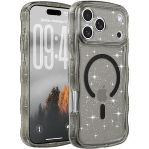 FABSPARK Case for iPhone 17 Pro Max,Compatible with MagSafe, Magnetic Clear Curly Wavy Frame Wave Case with Sparkly Bling Glitter, Transparent Acrylic Hard PC for iPhone 17 Pro Max, Glitter Clear Black