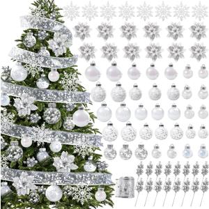 Roberly Silver & White Christmas Tree Decorations Set Shatterproof Clear Plastic Christmas Ornaments Balls