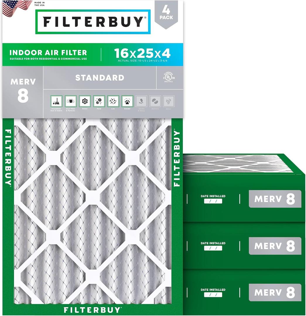 Filterbuy 16x25x4 Air Filter MERV 8 Essential Dust & Allergy Defense (4-Pack), Electrostatic Pleated HVAC AC Furnace Filters Replacement (Actual Size: 15.50 x 24.50 x 3.63)